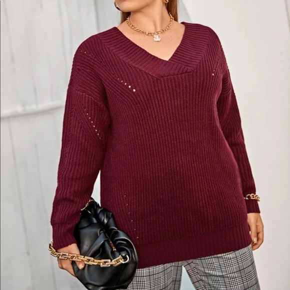 SHEIN Plus Double V-neck Drop Shoulder Sweater - Picture 1 of 5